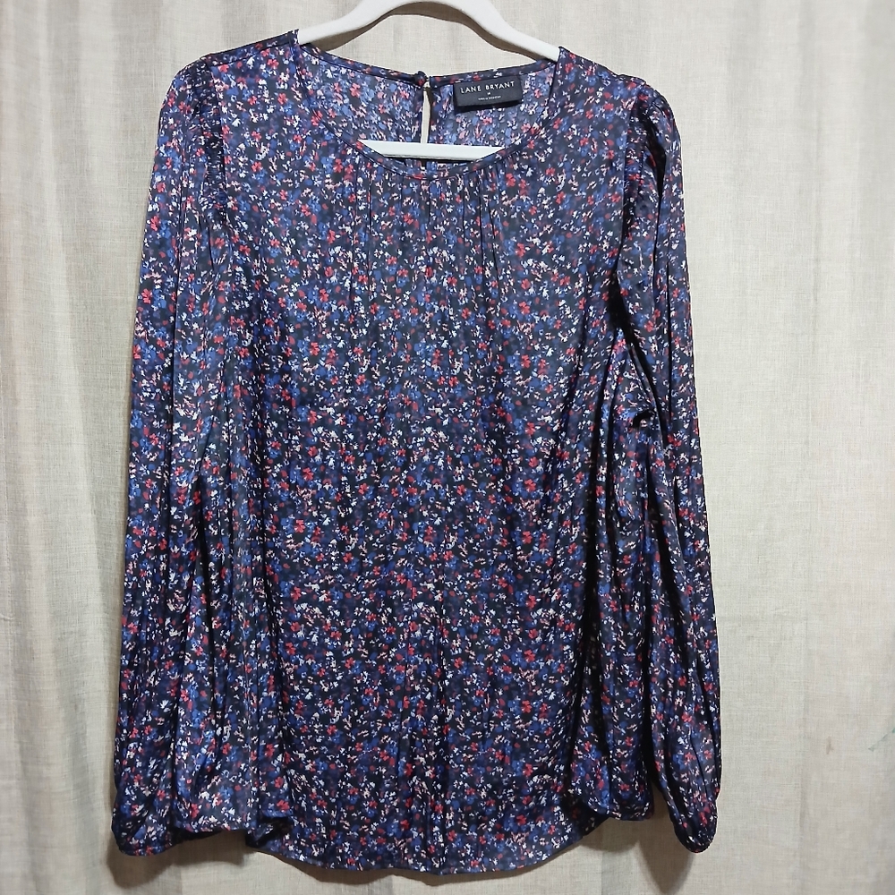 Lane Bryant Blue and Pink Long Sleeve‎ Blouse Size 16